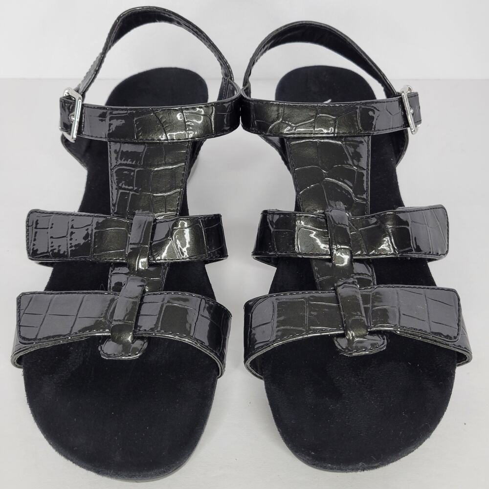 Vionic Black Patent Croc T-Strap Sandals